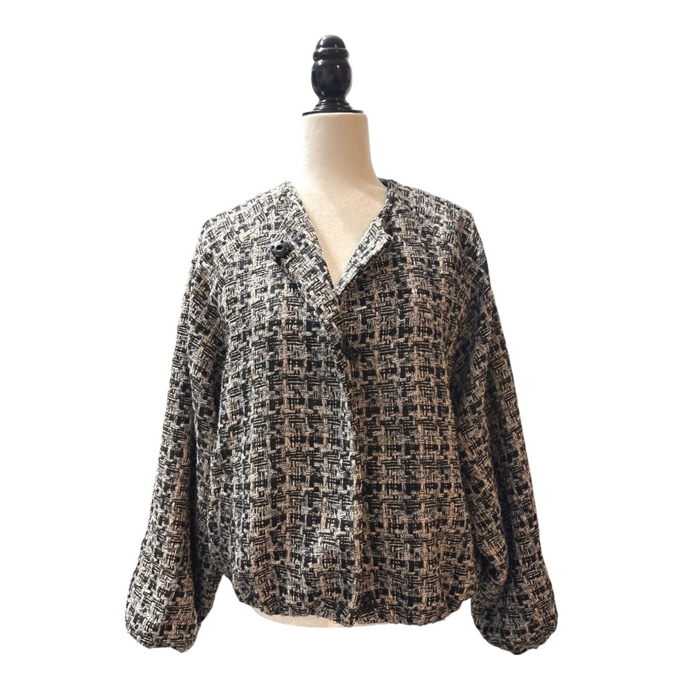 Saint Tropez Women Black White Tweed Textured Snap Front Cropped Bomber Jacket L